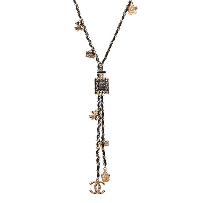 Chanel Calfskin Crystal Pearl Perfume Bottle CC Charm Necklace Black Gold 1 of 7