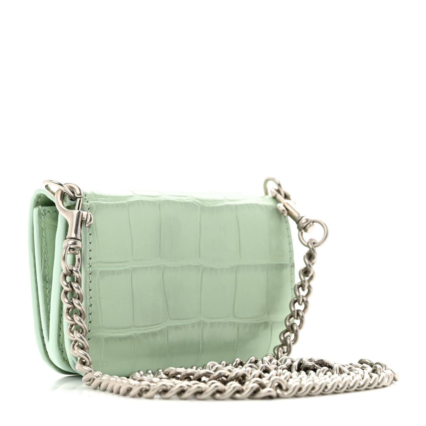 Shiny Calfskin Logo Crocodile Embossed Logo Mini Cash Wallet On Chain Light Green Black