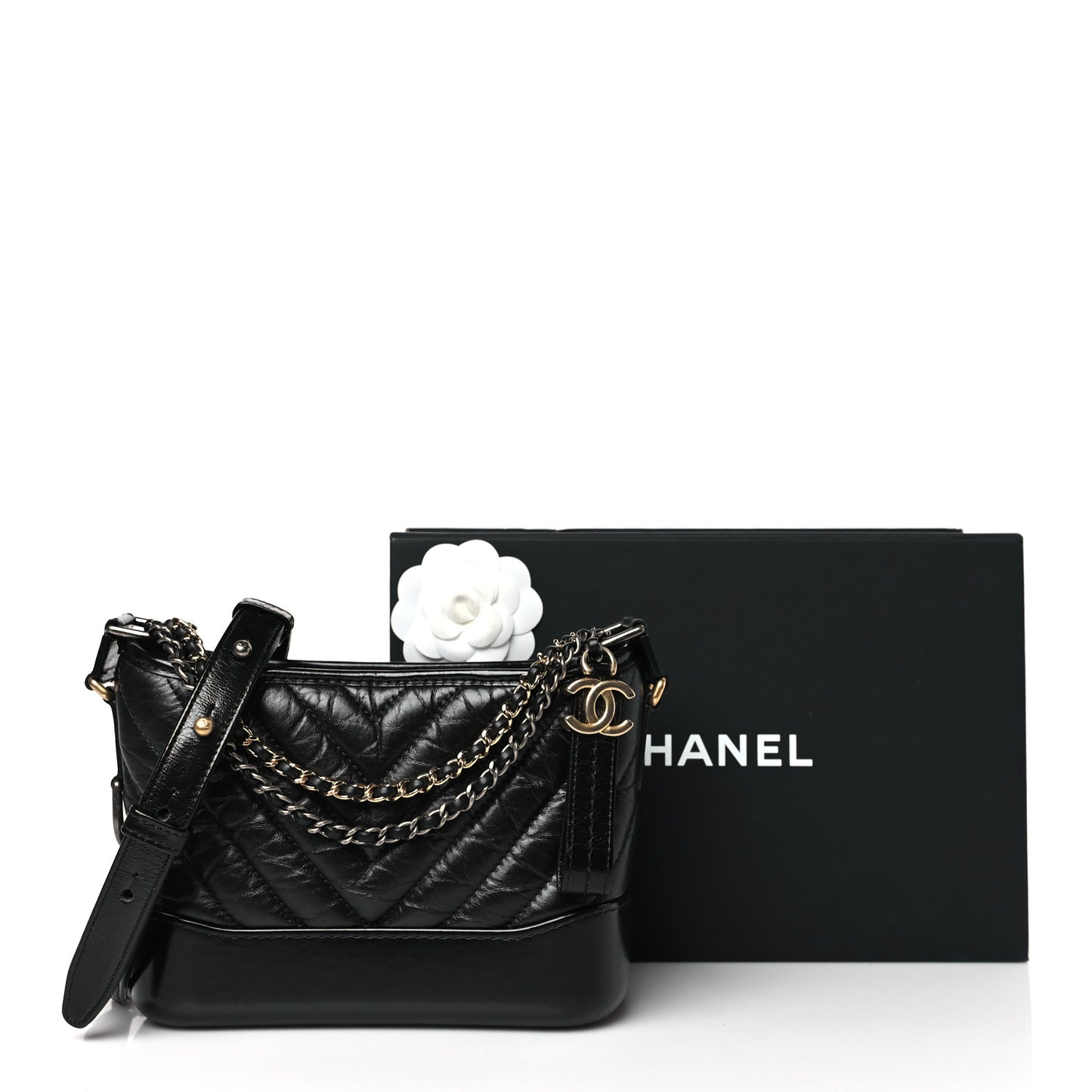 Aged Calfskin Chevron Quilted Small Gabrielle Hobo Black
