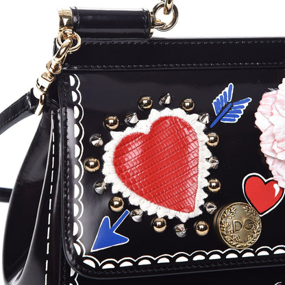 Dolce & Gabbana Glazed Calfskin Embroidered Medium Heart Flower Miss Sicily Satchel Black 8 of 11