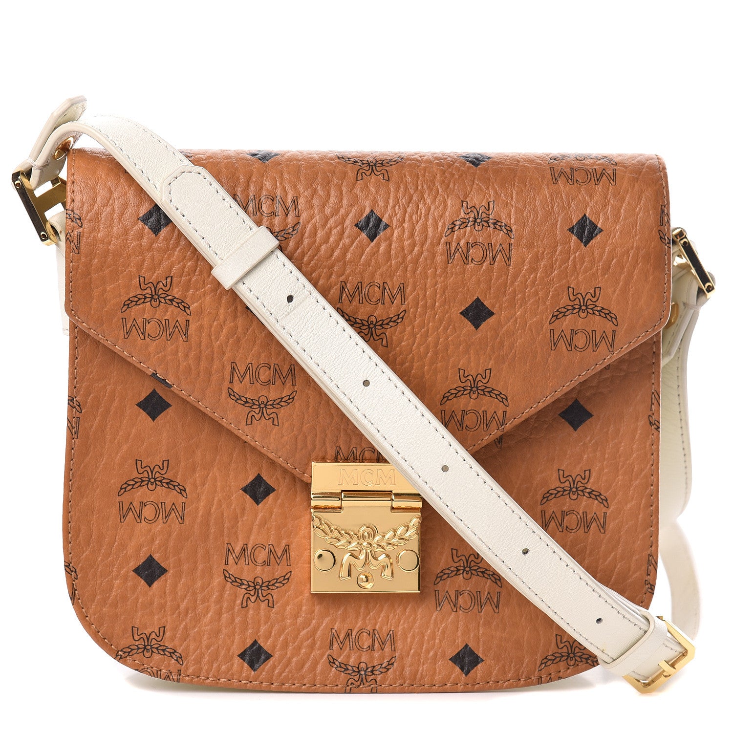 MCM Visetos Calfskin Small Patricia Crossbody Bag Cognac White 1 of 14