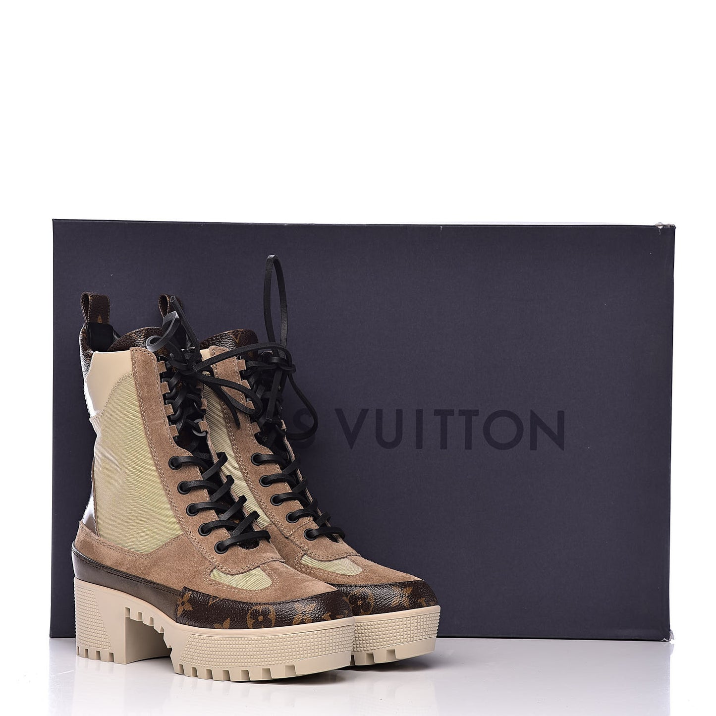 Suede Calfskin Monogram Laureate Platform Desert Boots 35.5 Beige