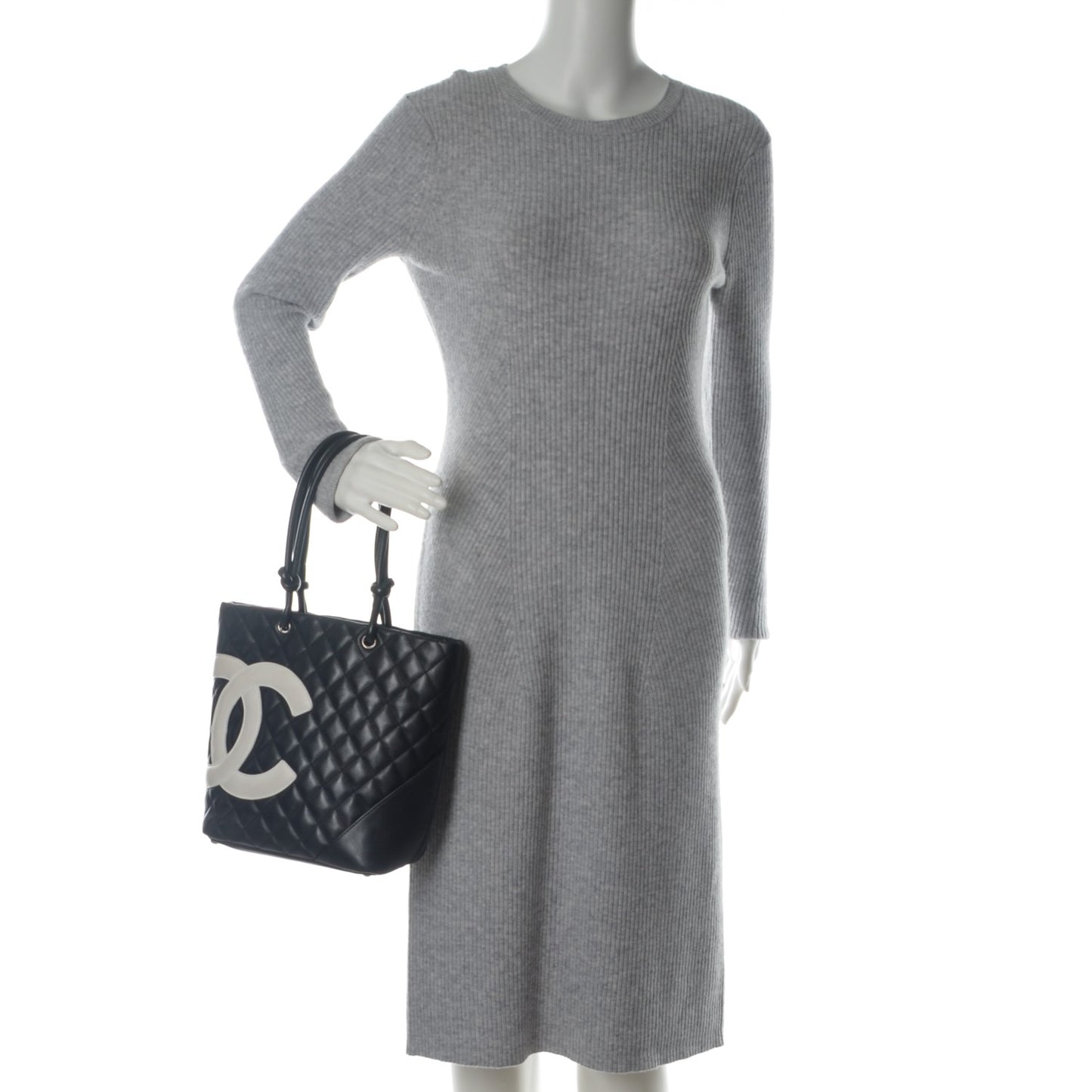 Calfskin Quilted Medium Cambon Tote Black White