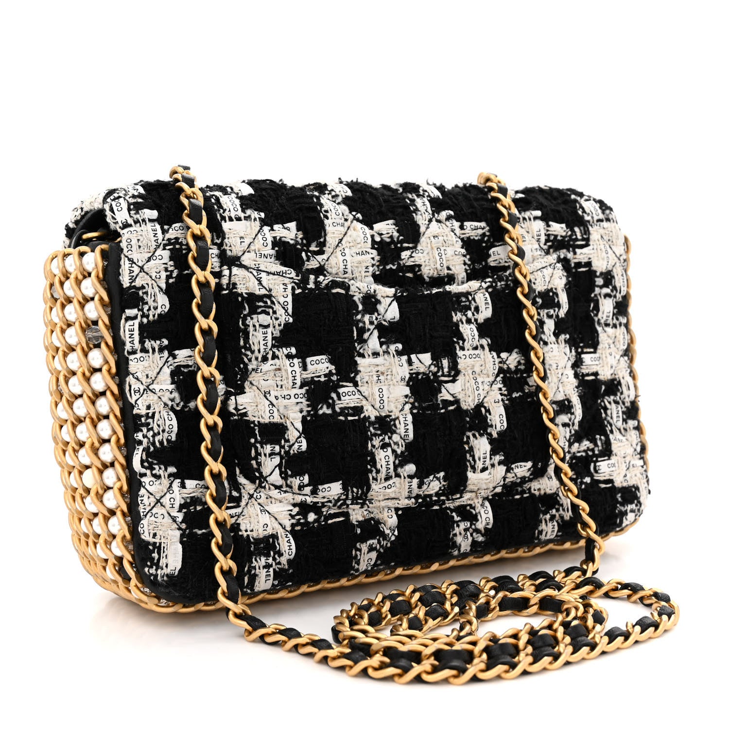 Chanel Tweed Quilted Mini Side Pearl Flap Bag Black Ecru White 3 of 12