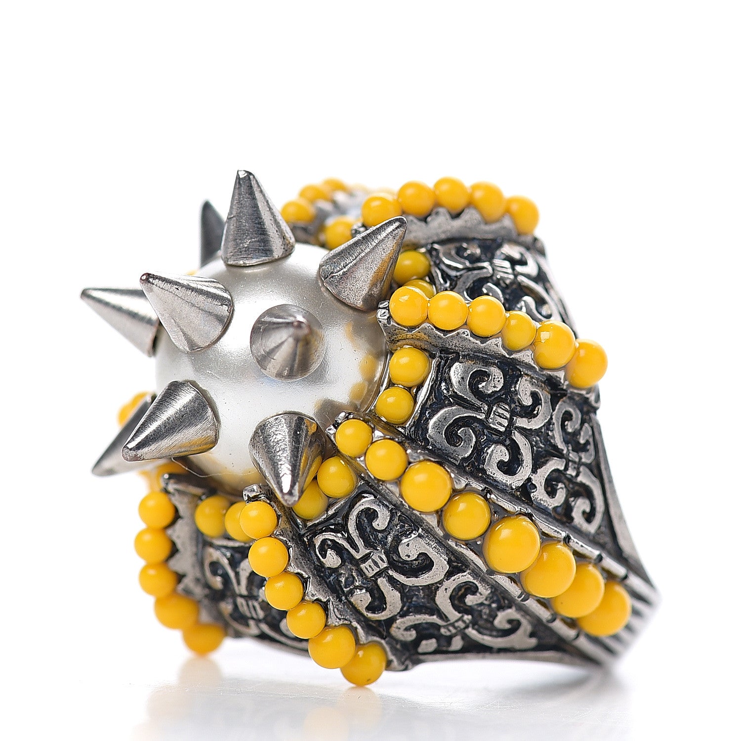 Gucci Pearl Beaded Spiked Ring 7.5 Silver Yellow 2 of 6