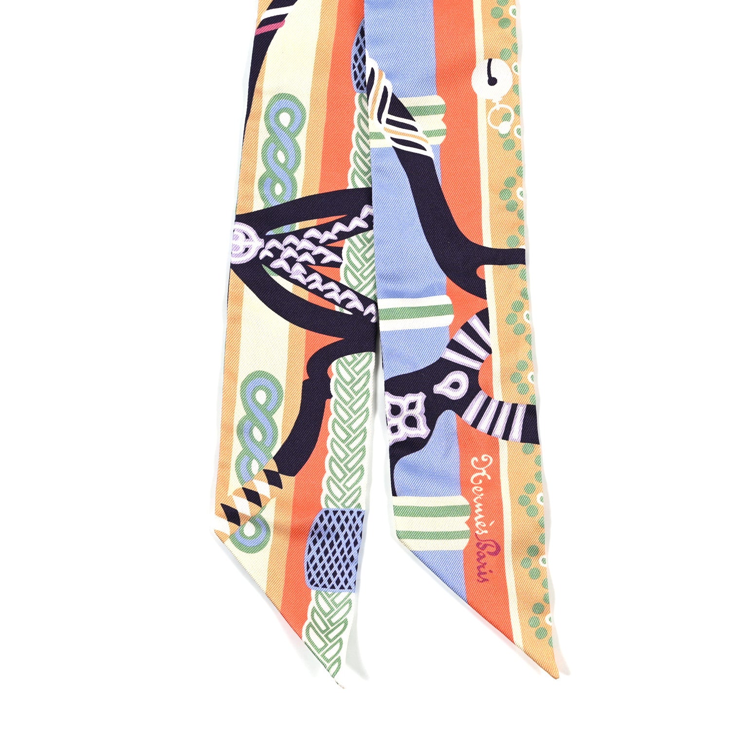 Hermes Silk Fantaisie D'Etriers Twilly Bleu Orange 2 of 3