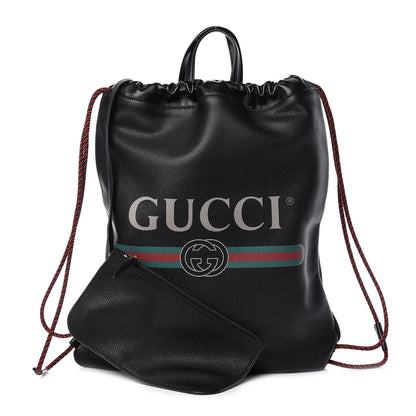 Gucci Calfskin Logo Drawstring Backpack Black 1 of 11