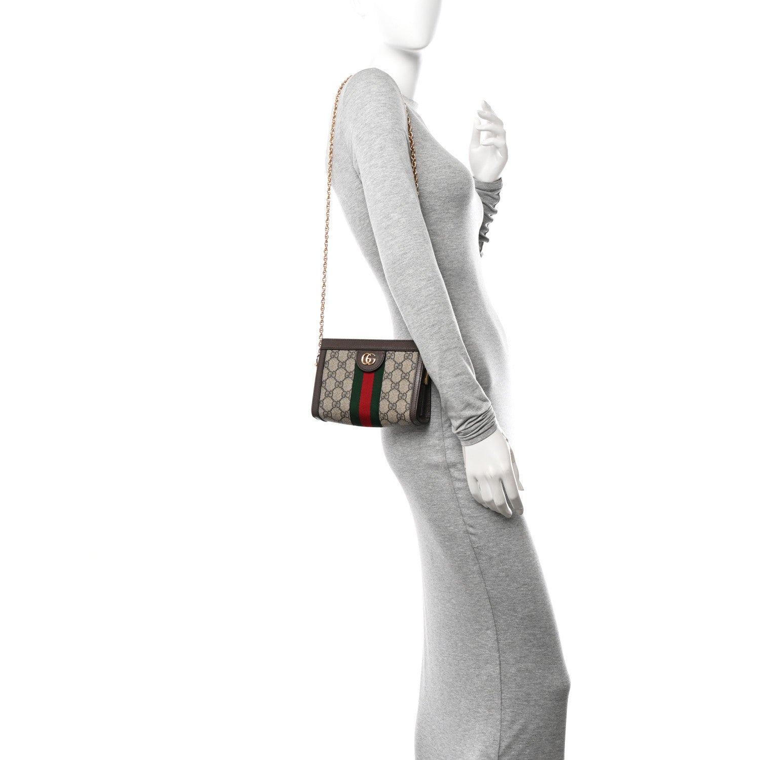 Gucci GG Supreme Monogram Textured Dollar Calfskin Web Mini Ophidia Chain Shoulder Bag Beige Ebony New Acero 2 of 12