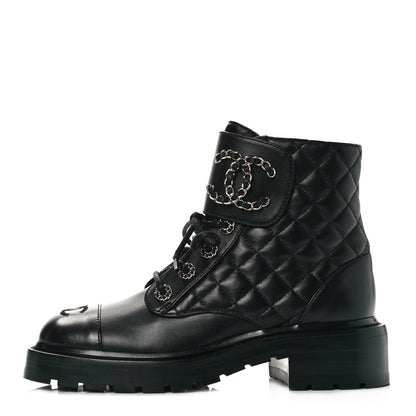 Chanel Shiny Lambskin Quilted Lace Up Combat Boots 36 Black 1 of 7