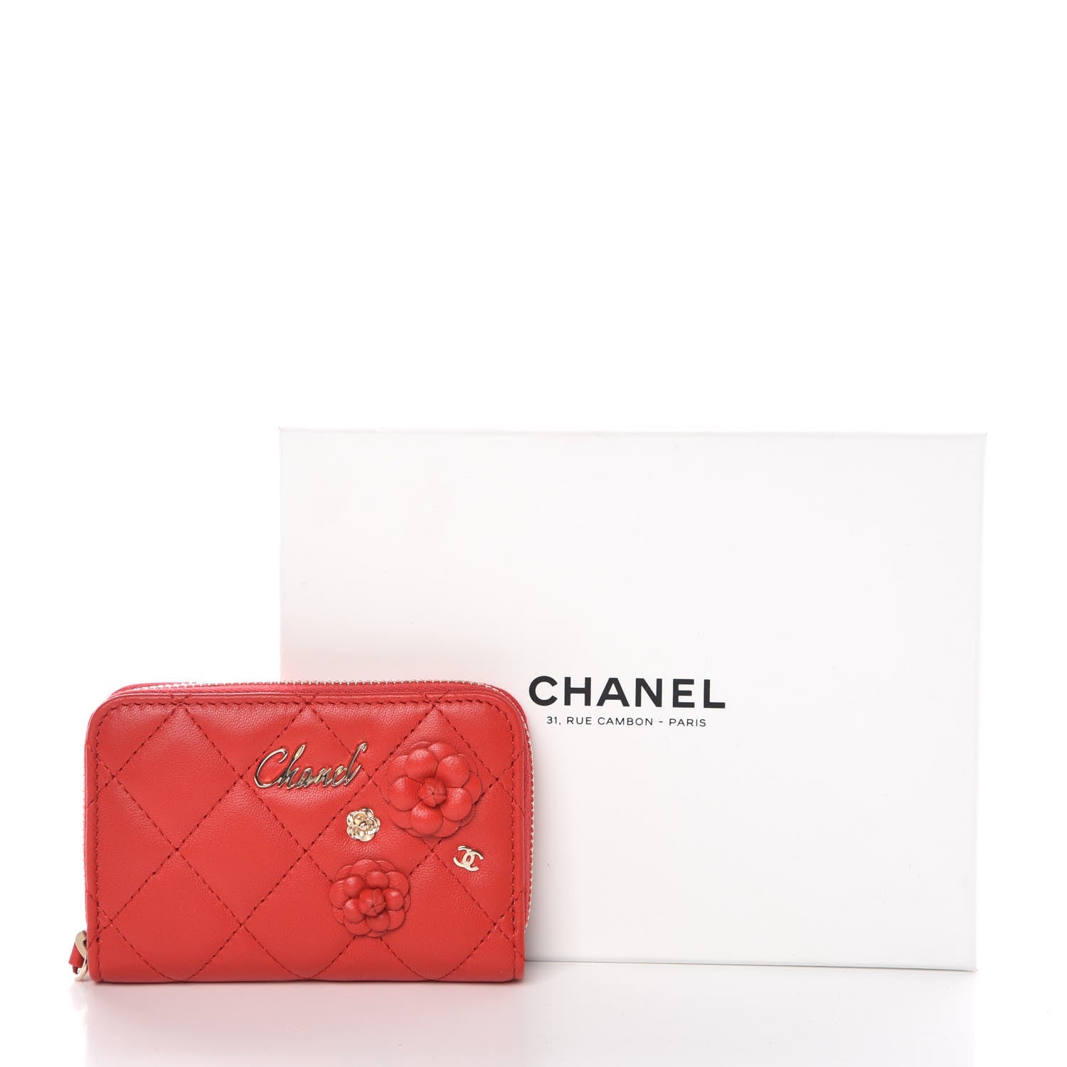 Chanel Lambskin Quilted Camellia Zip Coin Purse Red 8 of 8