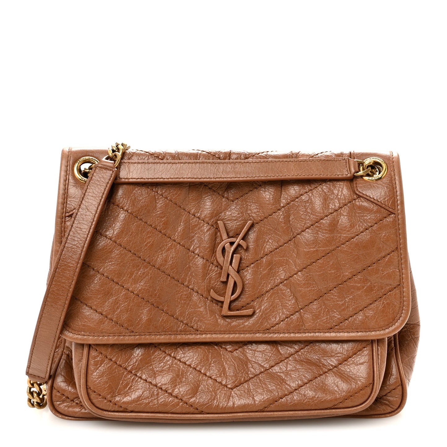 Crinkled Calfskin Matelasse Monogram Medium Niki Chain Satchel Caramel