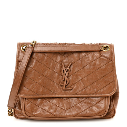 Saint Laurent Crinkled Calfskin Matelasse Monogram Medium Niki Chain Satchel Caramel 1 of 10