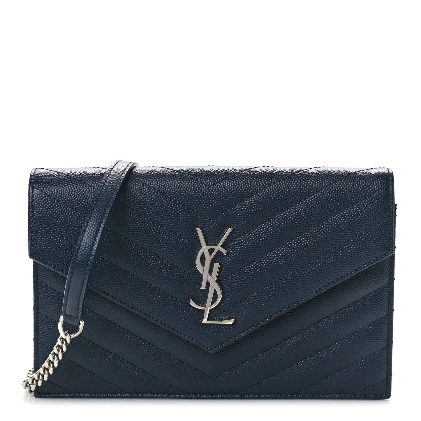 Grain De Poudre Matelasse Chevron Monogram Envelope Chain Wallet Navy