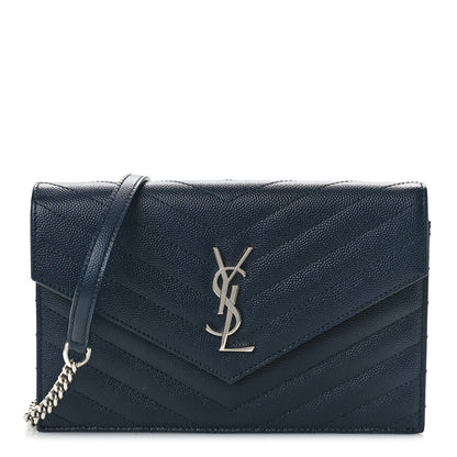 Saint Laurent Grain De Poudre Matelasse Chevron Monogram Envelope Chain Wallet Navy 1 of 9
