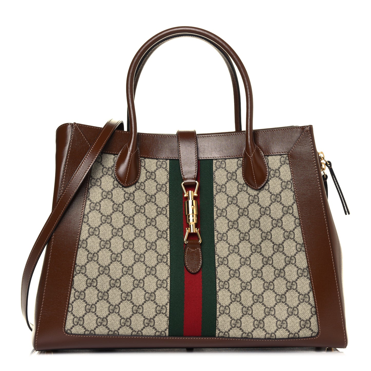 GG Supreme Monogram Azalea Calfskin Web Large Jackie 1961 Tote Beige Ebony Brown Sugar