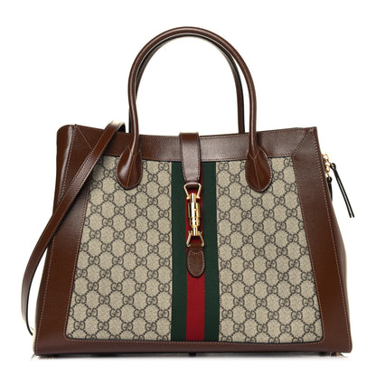 Gucci GG Supreme Monogram Azalea Calfskin Web Large Jackie 1961 Tote Beige Ebony Brown Sugar 1 of 9