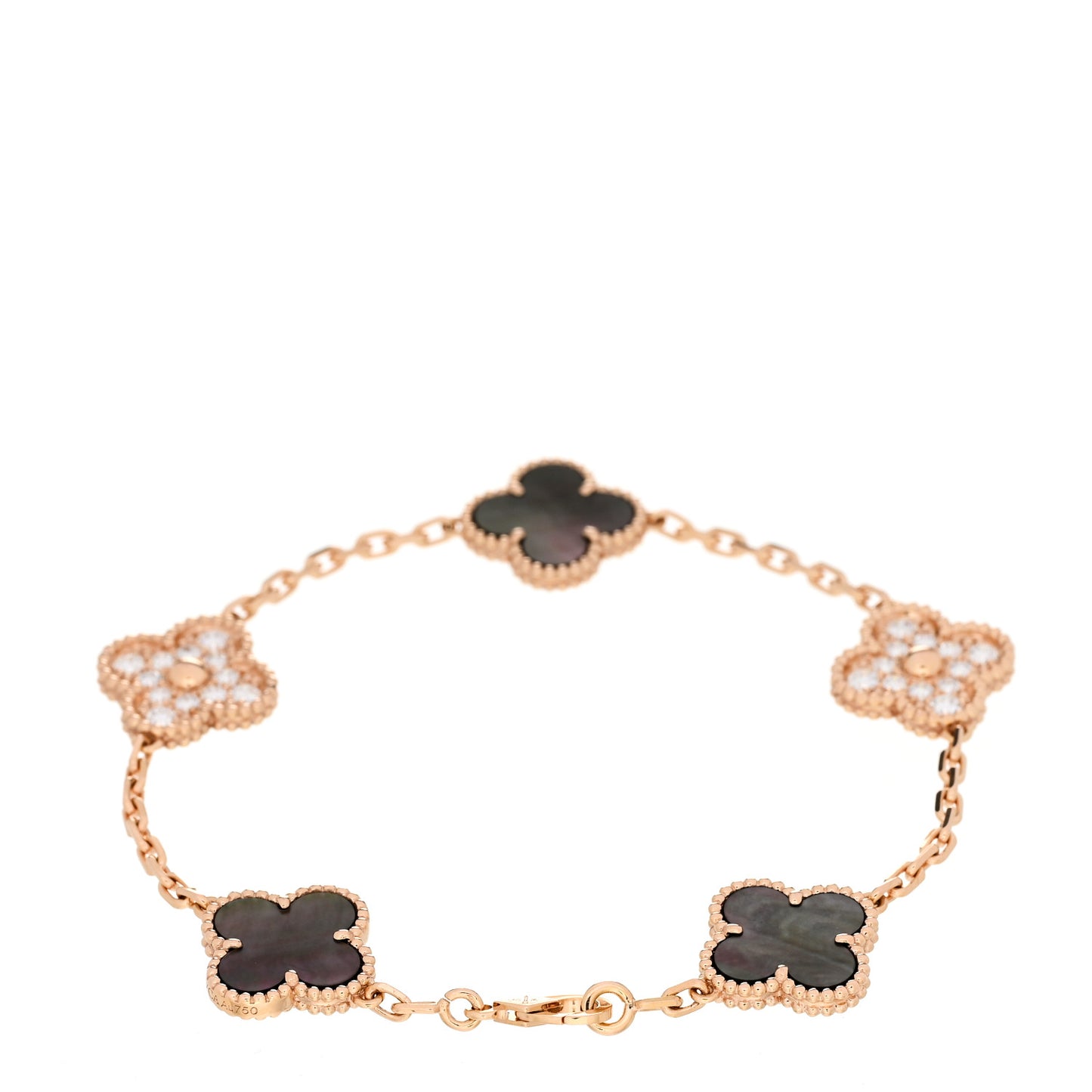 18K Rose Gold Diamond Gray Mother of Pearl 5 Motifs Vintage Alhambra Bracelet