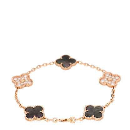 Van Cleef & Arpels 18K Rose Gold Diamond Gray Mother of Pearl 5 Motifs Vintage Alhambra Bracelet 2 of 4