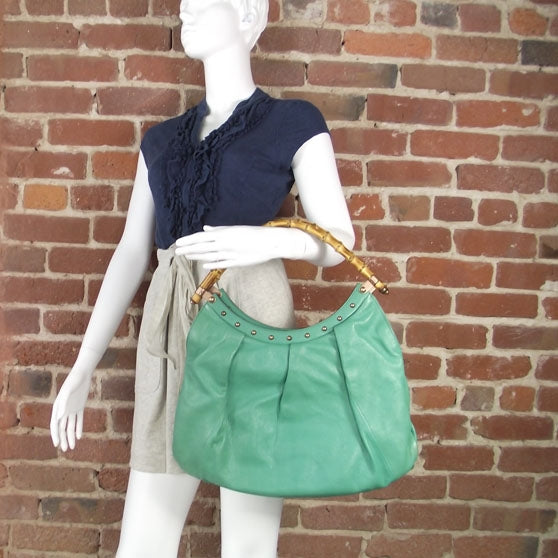 Leather Bamboo Handle Tote Mint Green