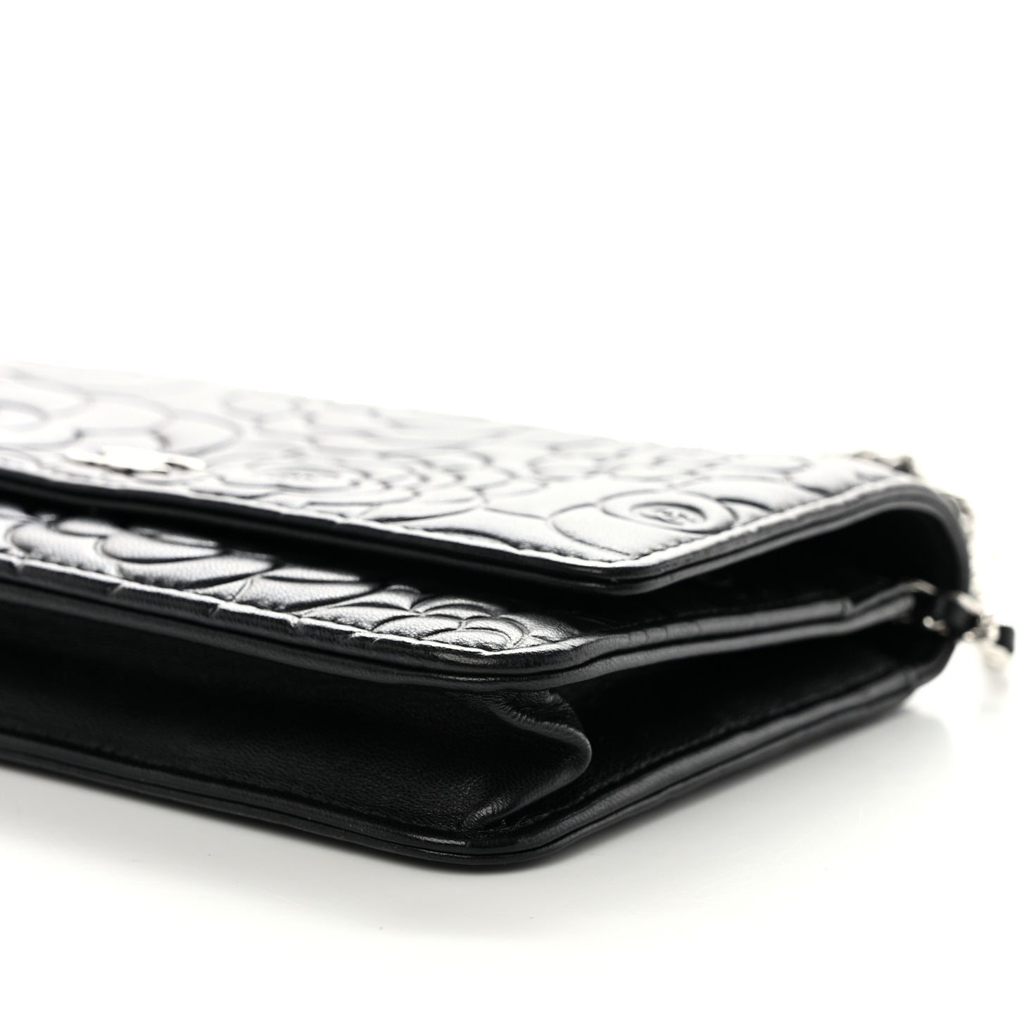 Lambskin Camellia Embossed Wallet on Chain WOC Black