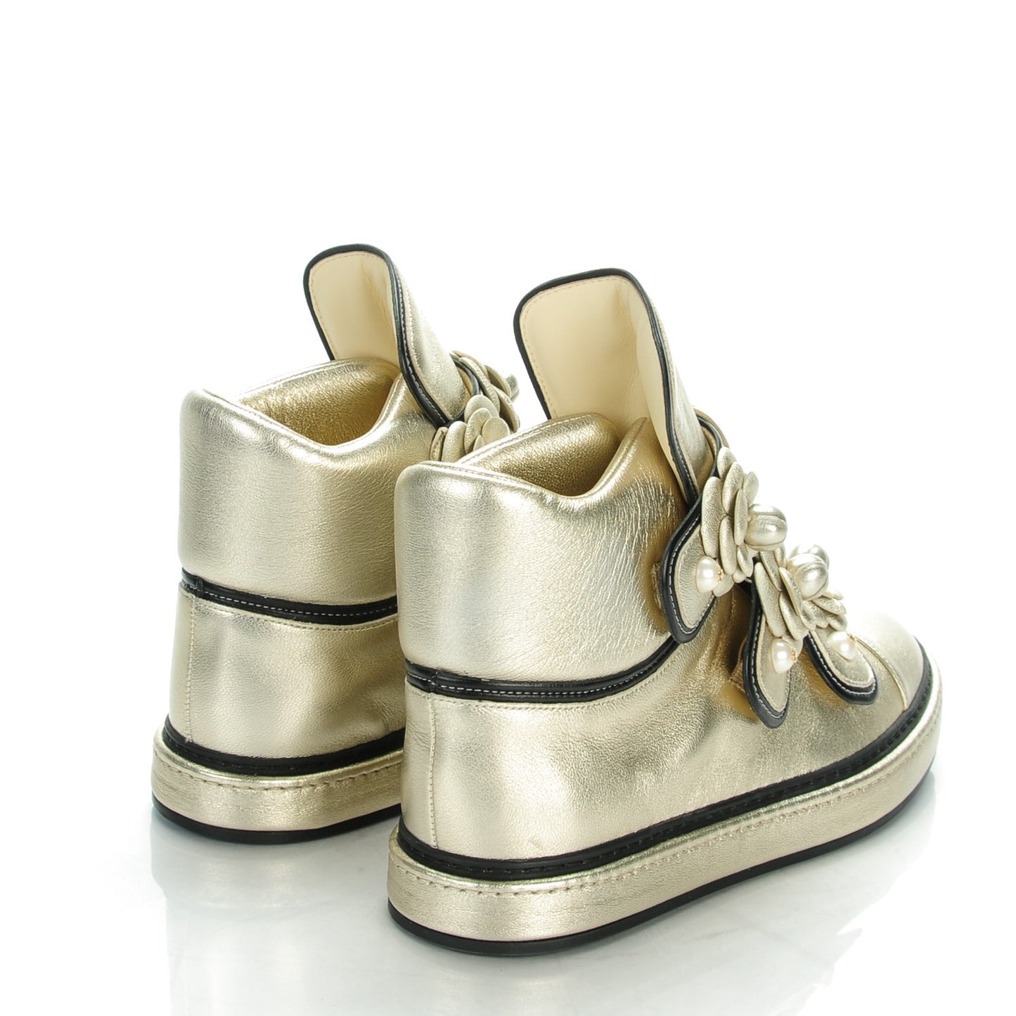 Metallic Lambskin Pearl Camellia High Top Sneakers 40 Gold