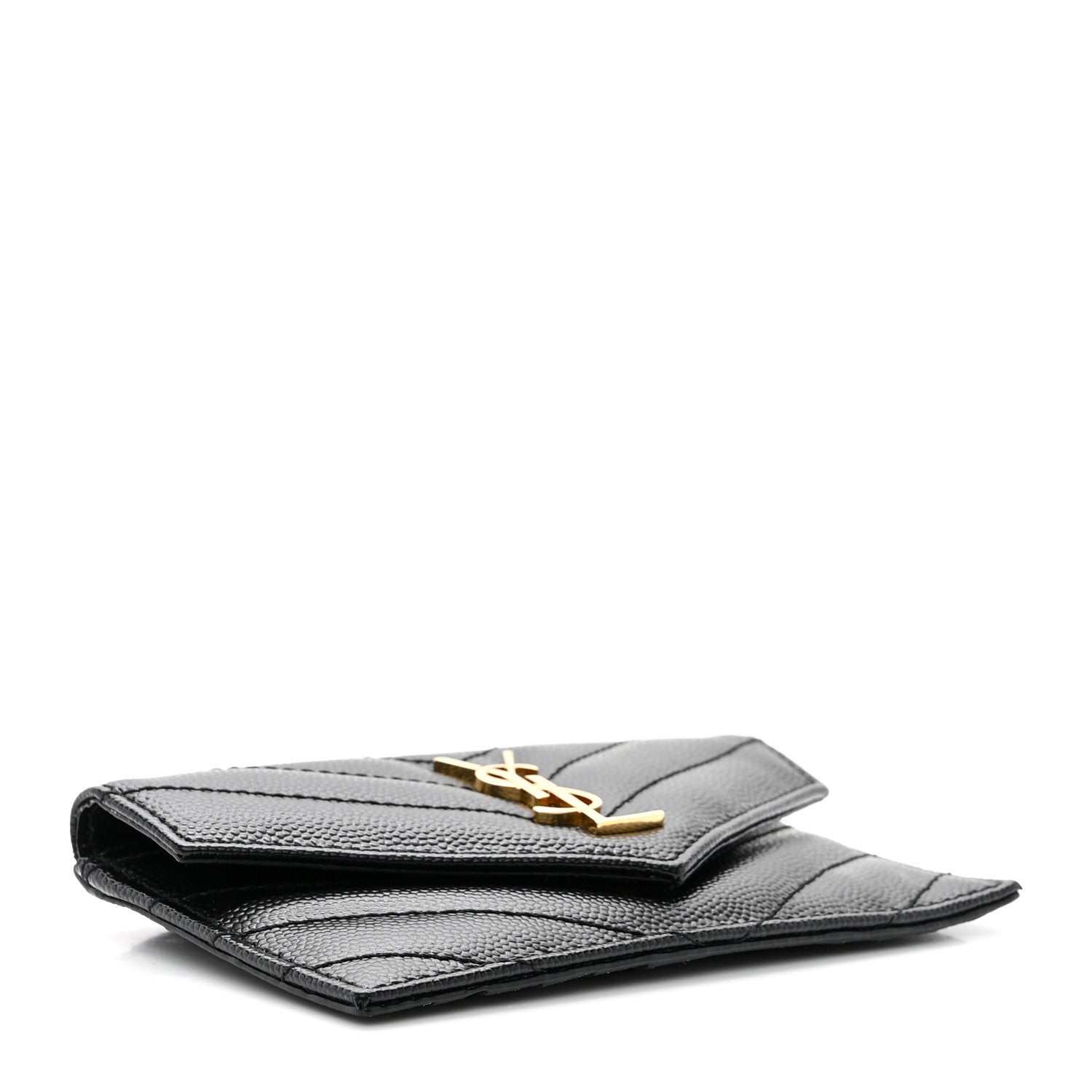 Saint Laurent SAINT LAURENT Grain De Poudre Matelasse Chevron Monogram Compact Wallet Black 4 of 14