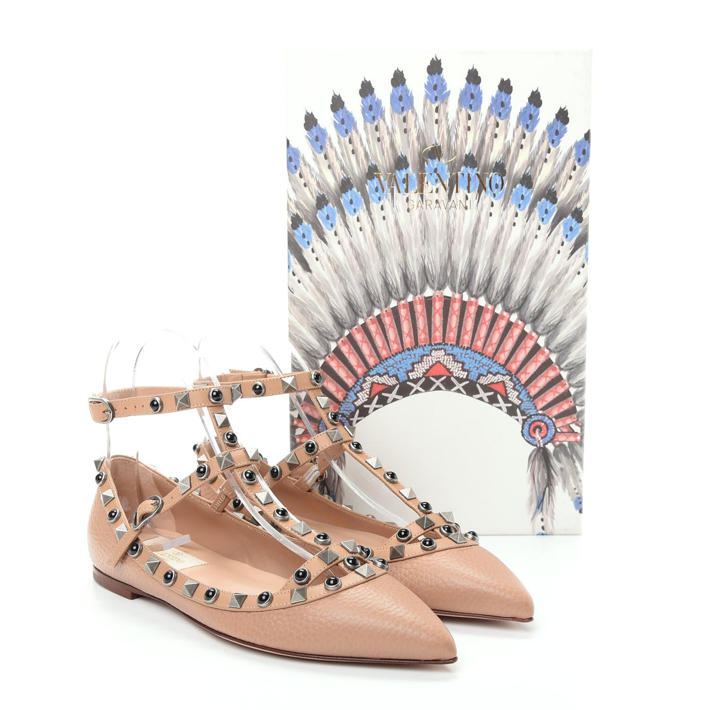 Pebbled Calfskin Onyx Rockstud Rolling Cage Ballerina Flats 35.5 Soft Noisette