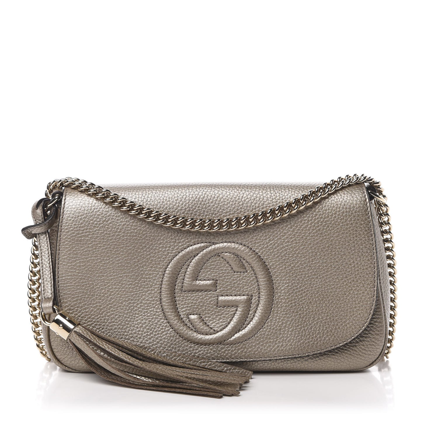 Metallic Pebbled Calfskin Medium Soho Flap Crossbody Golden Beige