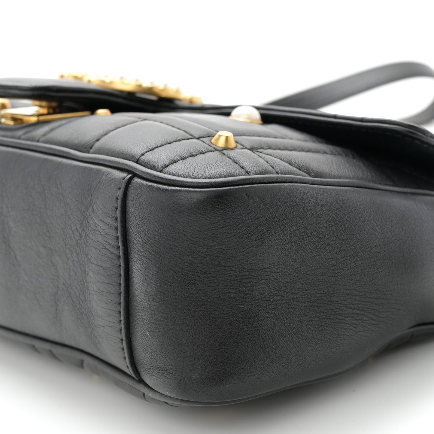 Calfskin Matelasse Studded Small Pearly GG Marmont Shoulder Bag Black