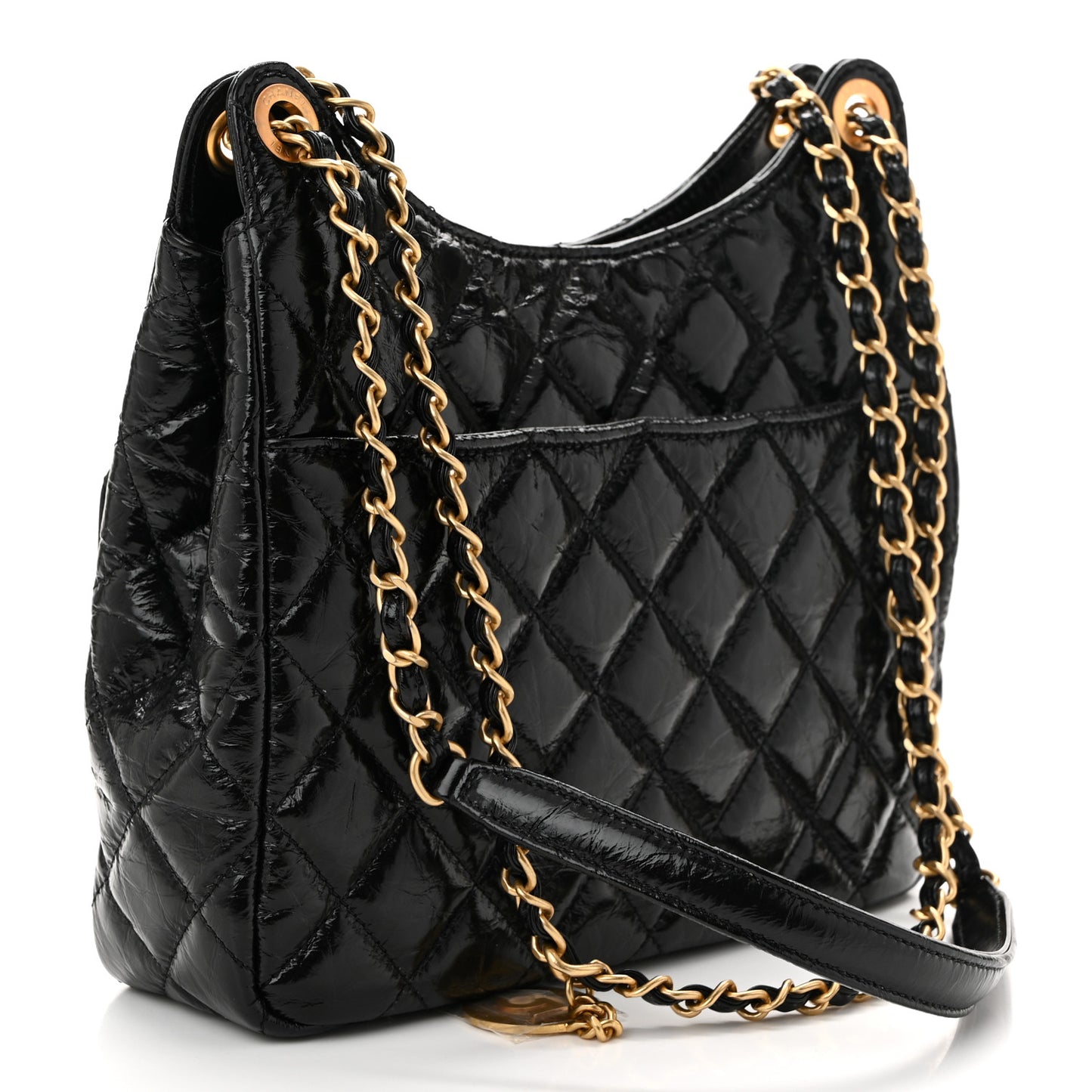 Shiny Crumpled Calfskin Quilted Wavy CC Hobo Black