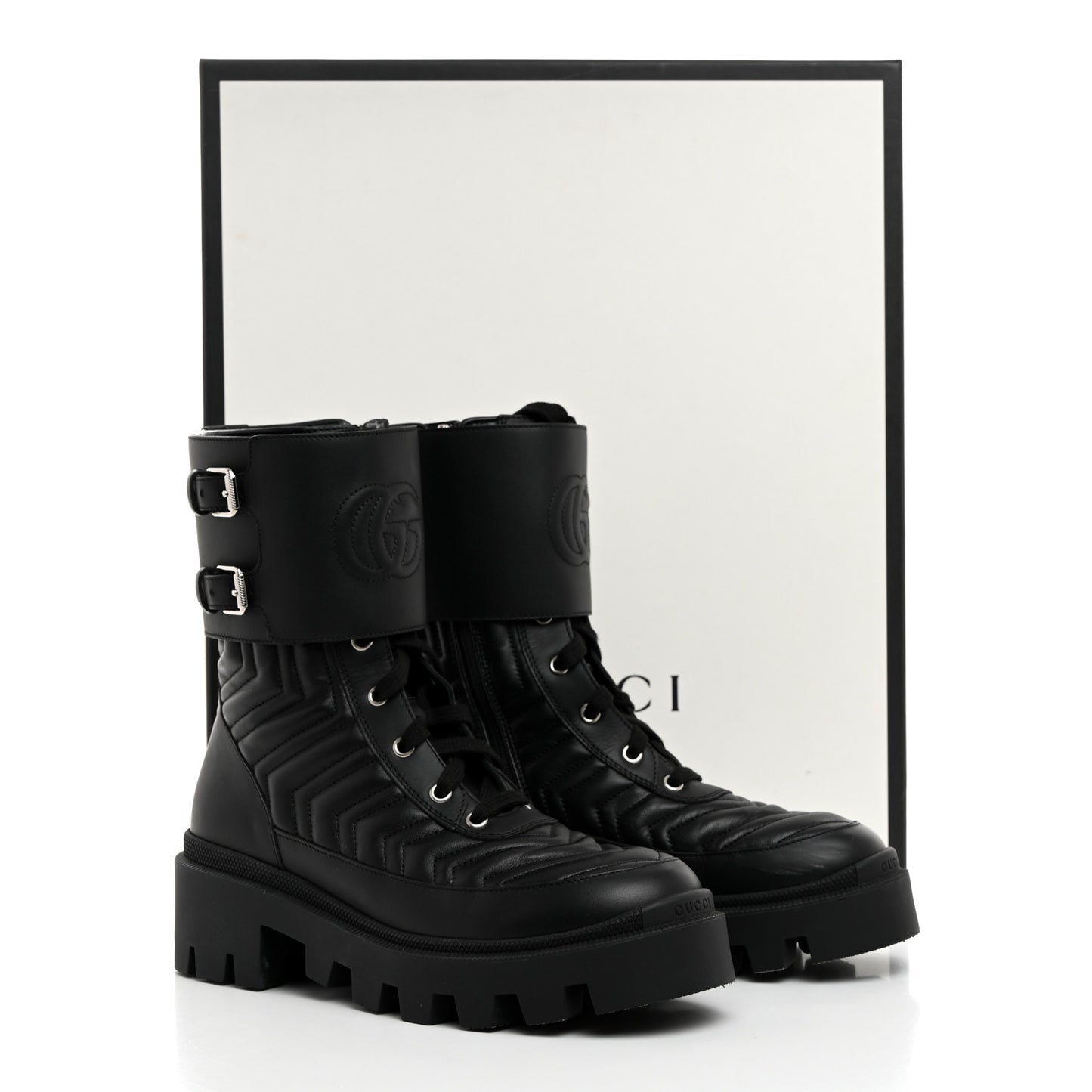 Nappa Frances GG Matelasse Platform Combat Boots 38 Black