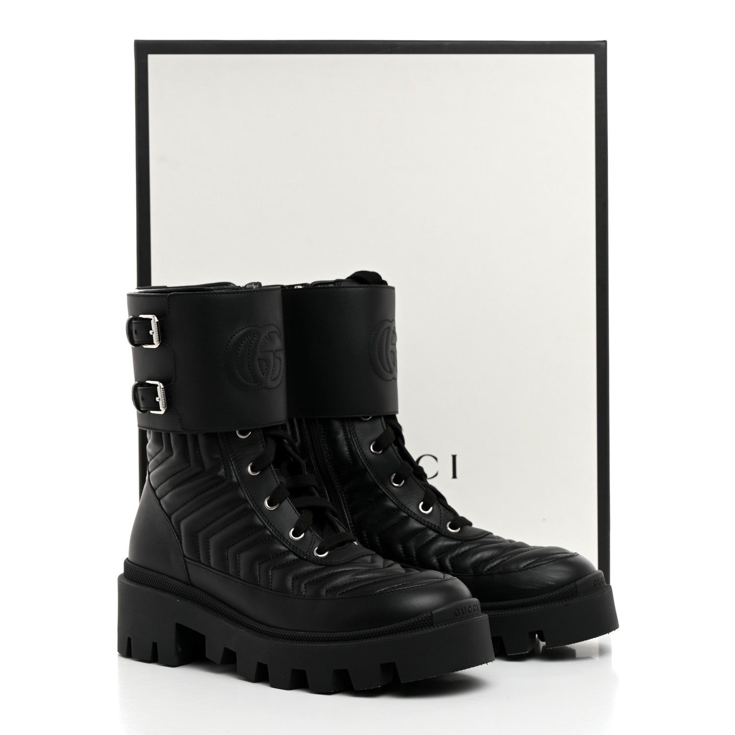 Gucci Nappa Frances GG Matelasse Platform Combat Boots 38 Black 9 of 9