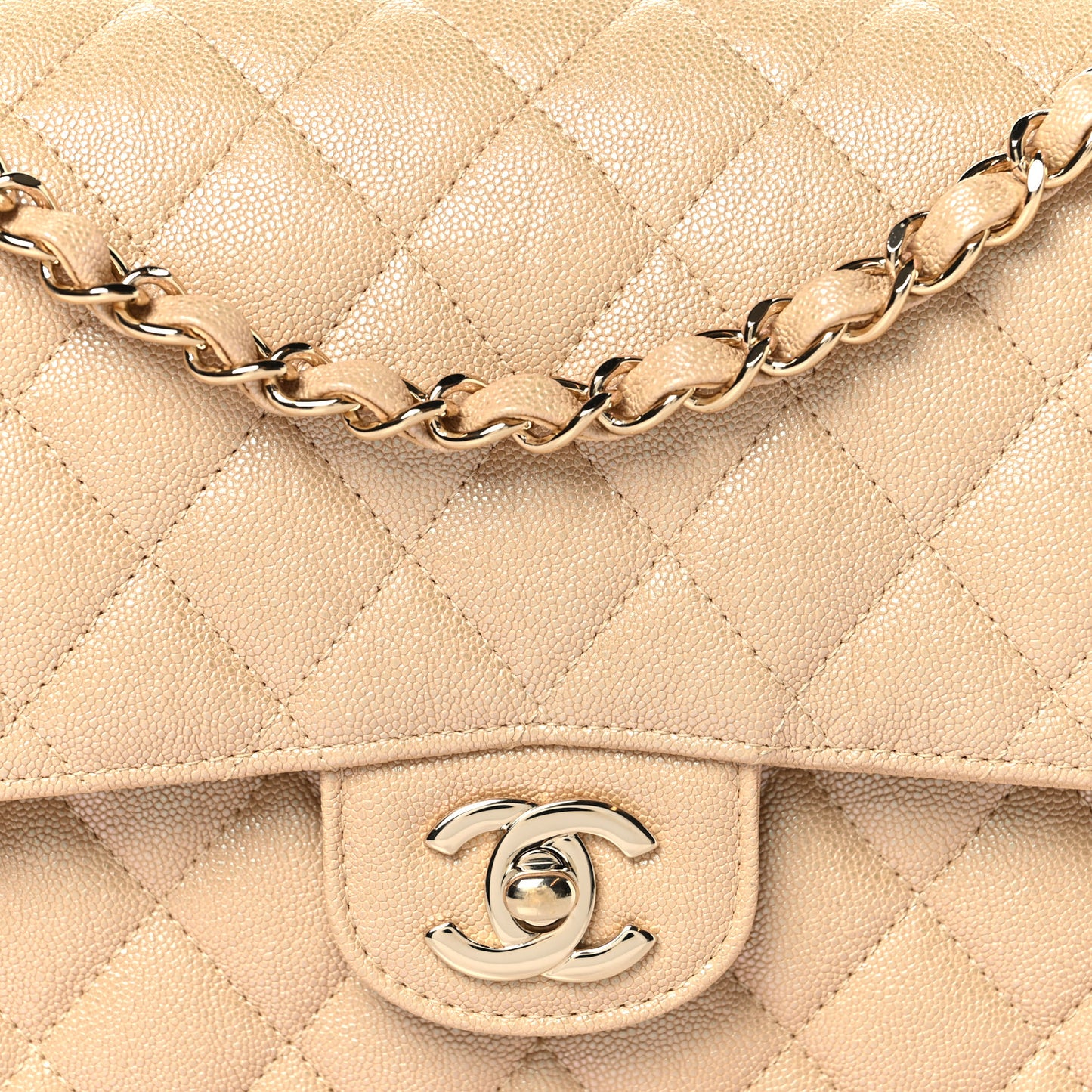 Iridescent Caviar Quilted Medium Double Flap Beige