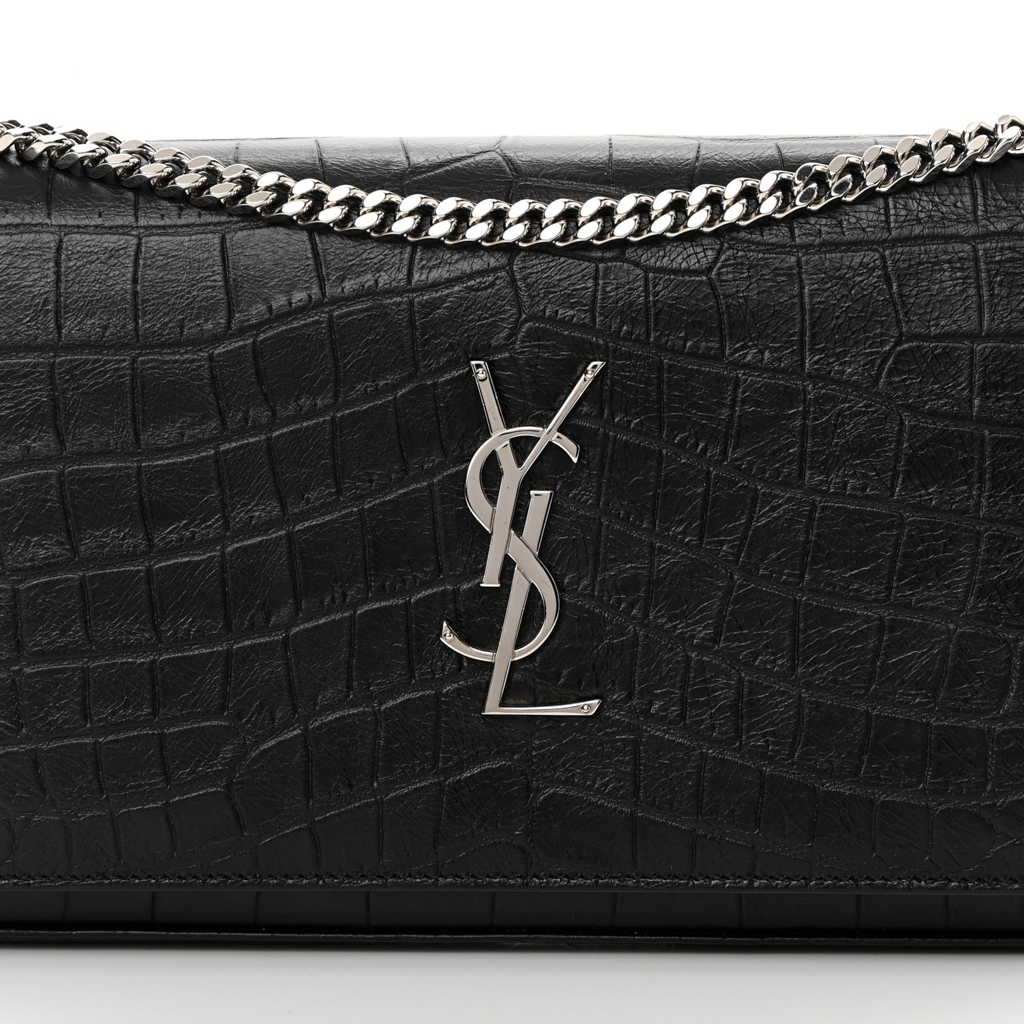 Calfskin Crocodile Embossed Monogram Chain Wallet Black