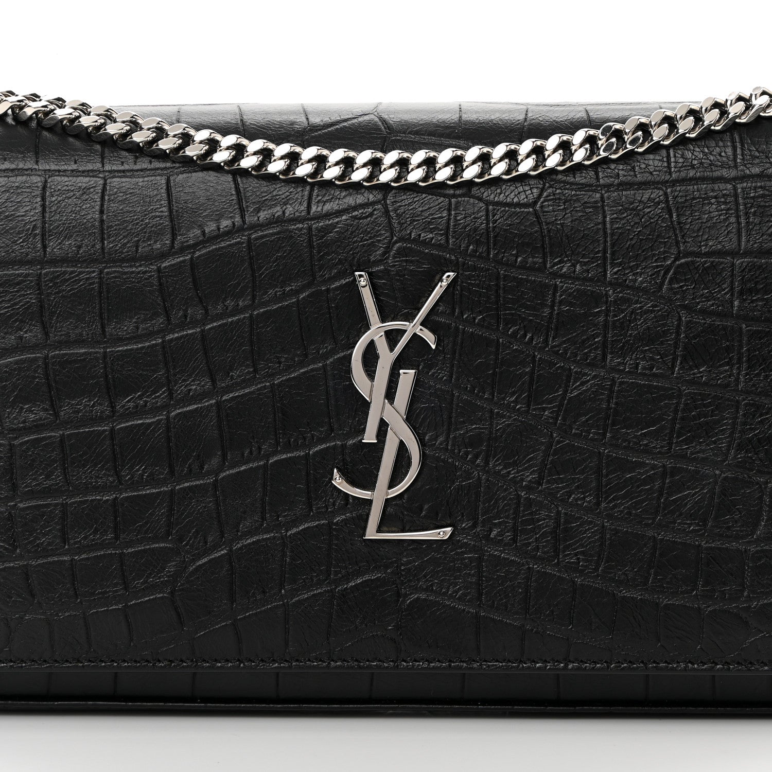 Saint Laurent Calfskin Crocodile Embossed Monogram Chain Wallet Black 9 of 16