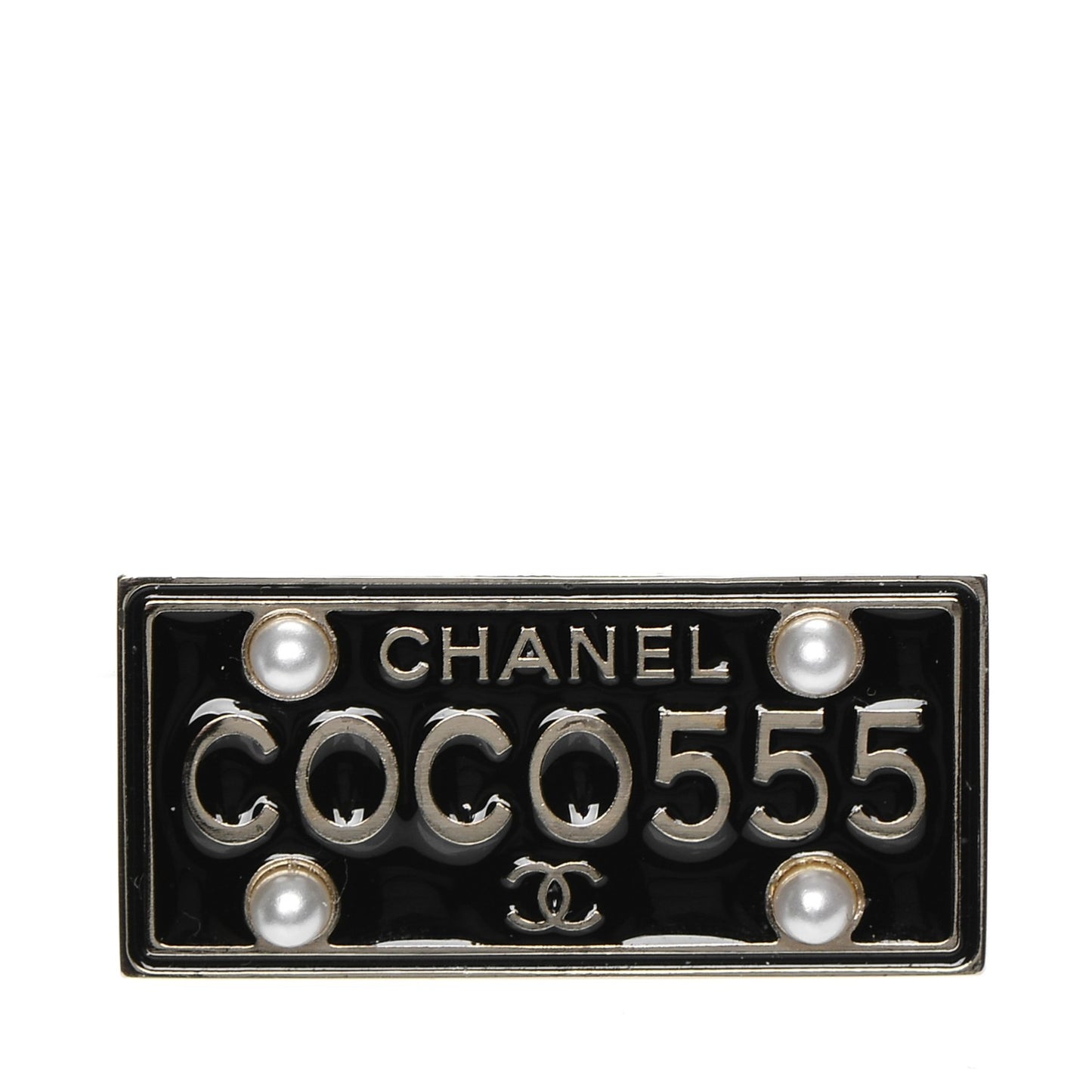 Metal Resin Pearl Coco License Plate Brooch Black Gold