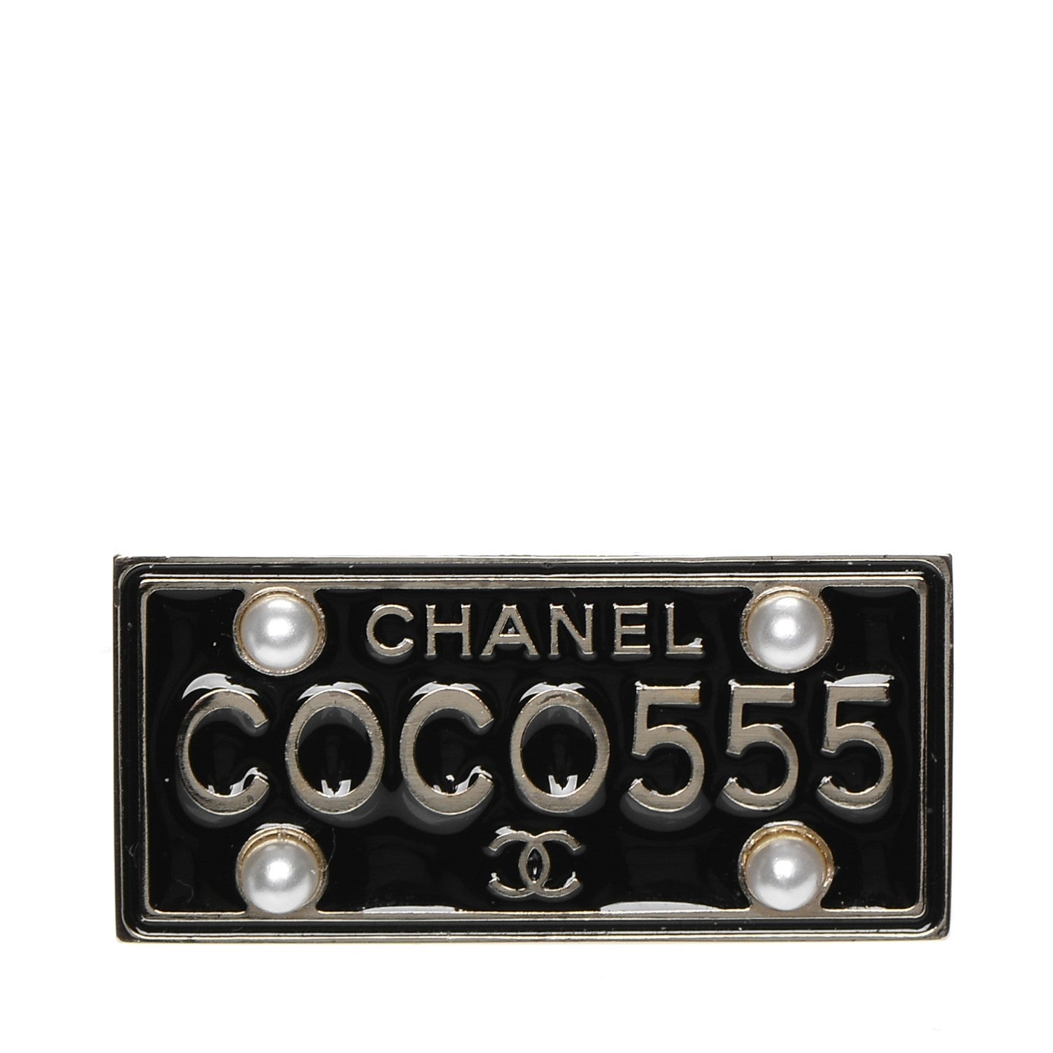 Chanel Metal Resin Pearl Coco License Plate Brooch Black Gold 1 of 4