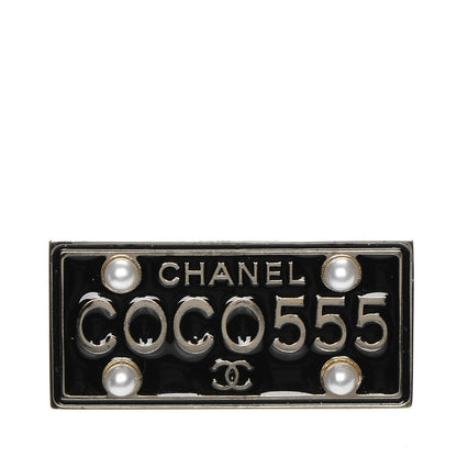Chanel Metal Resin Pearl Coco License Plate Brooch Black Gold 1 of 4
