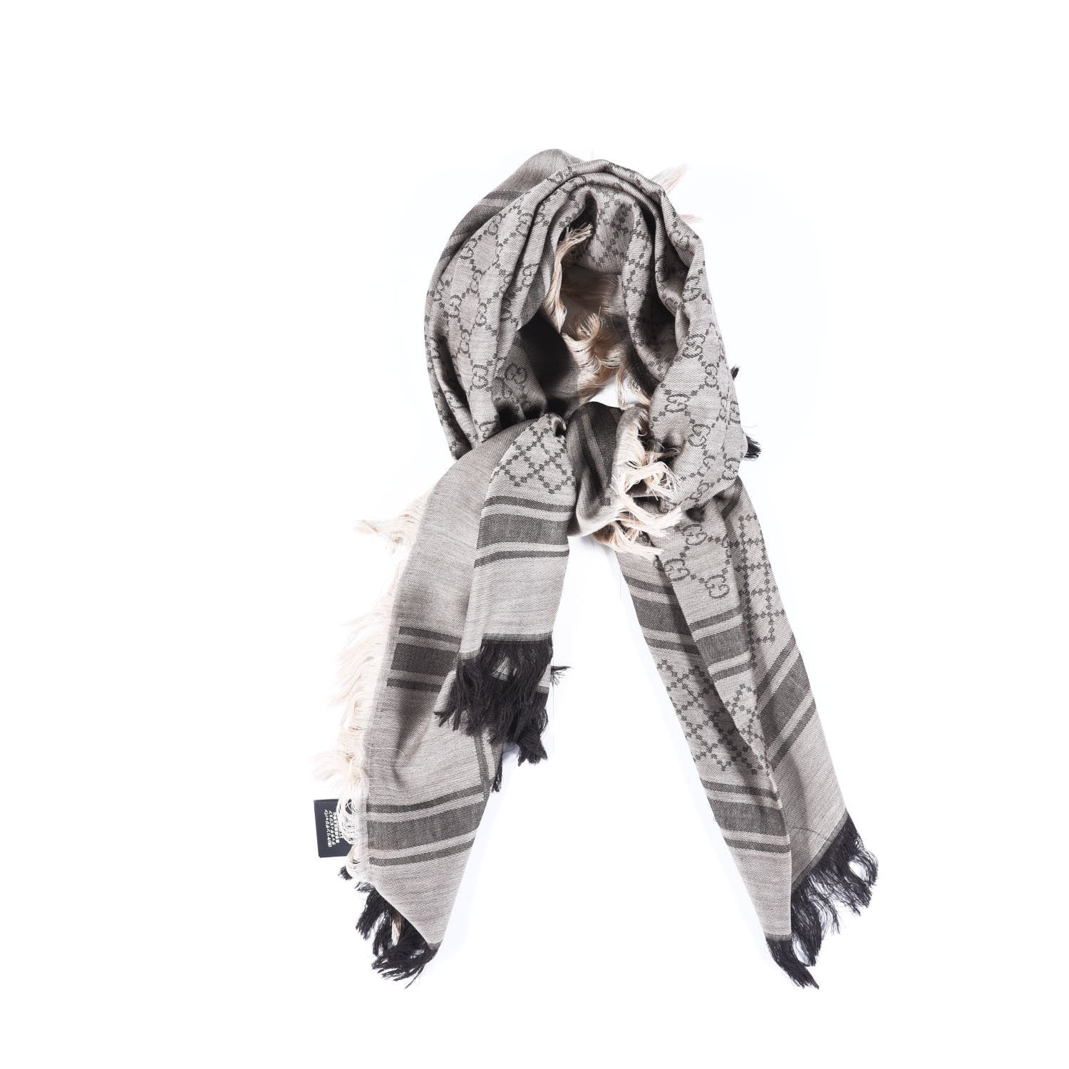 Gucci Wool Silk GG Monogram Diamante Plaid Surviee Shawl Beige Dark Brown 2 of 4