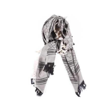 Gucci Wool Silk GG Monogram Diamante Plaid Surviee Shawl Beige Dark Brown 2 of 4