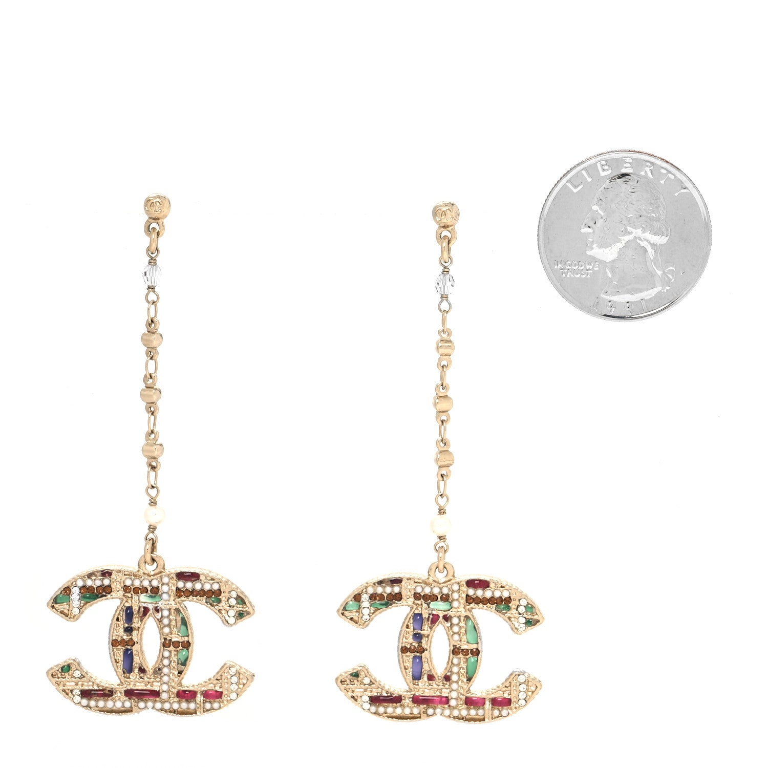 Chanel Pearl Crystal CC Tweed Drop Earrings Gold Brown Green 2 of 4