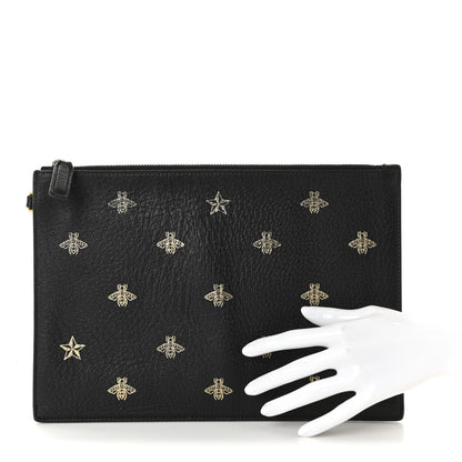 Gucci Dollar Calfskin Boar Effect Bee Star Zip Wristlet Pouch Black 2 of 8