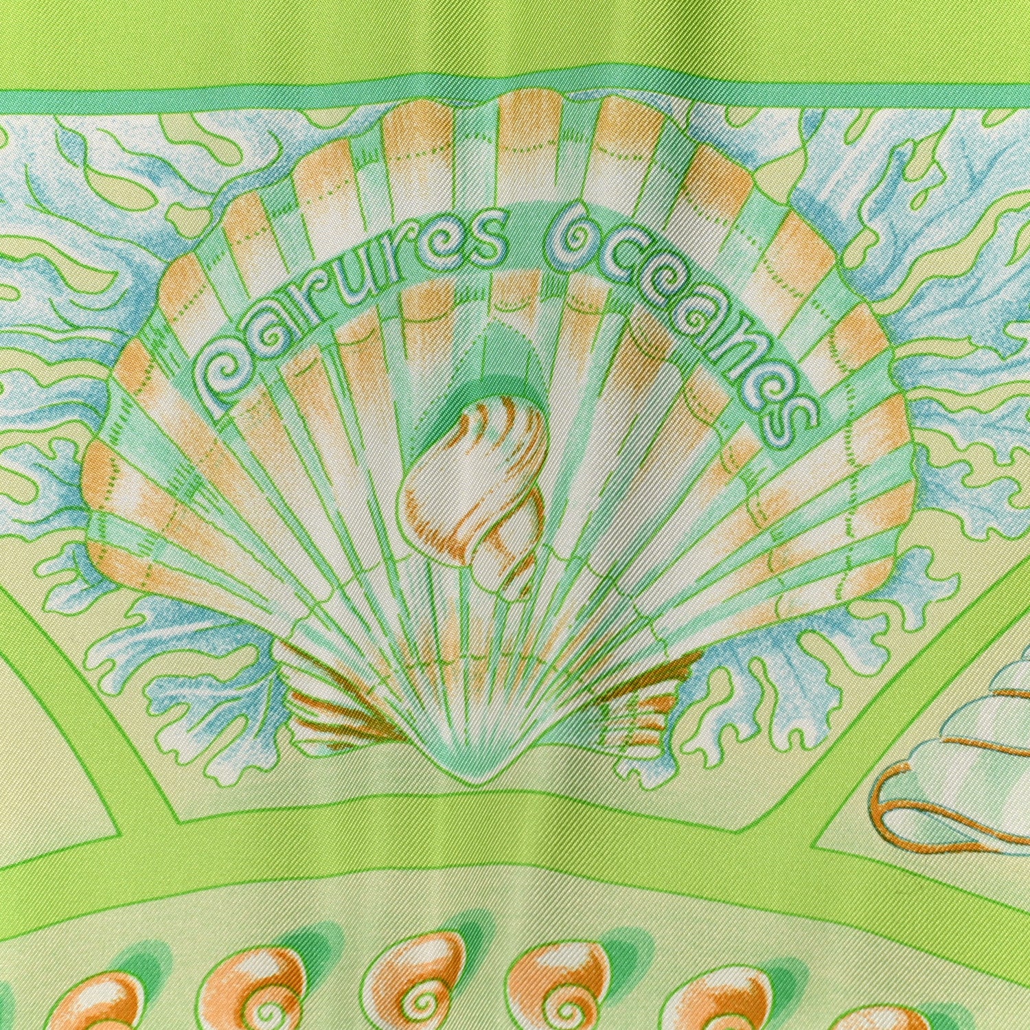 Hermes Silk Parures Oceanes Scarf 90 Pistache Beige Orange 5 of 6