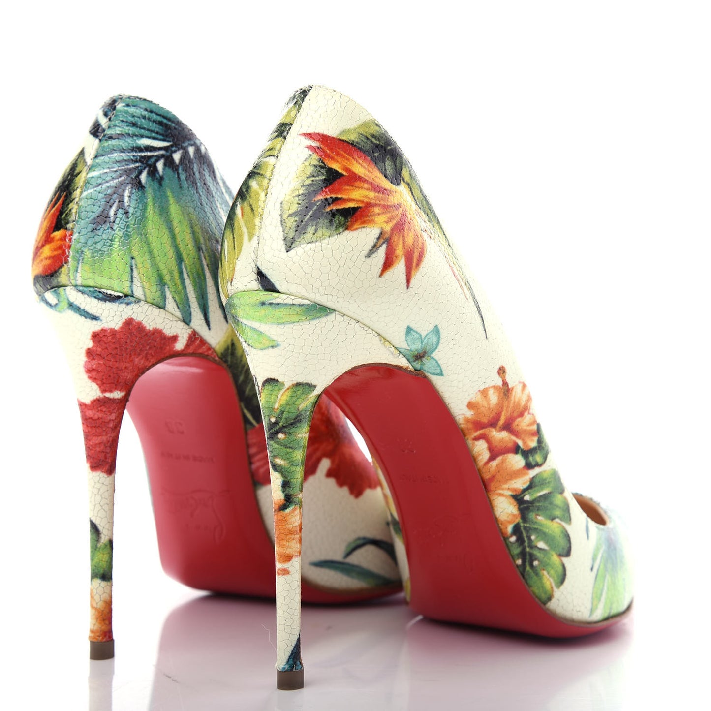 Crackled Calfskin Hawaiian Print Pigalle Follies 100 Pumps 36 White