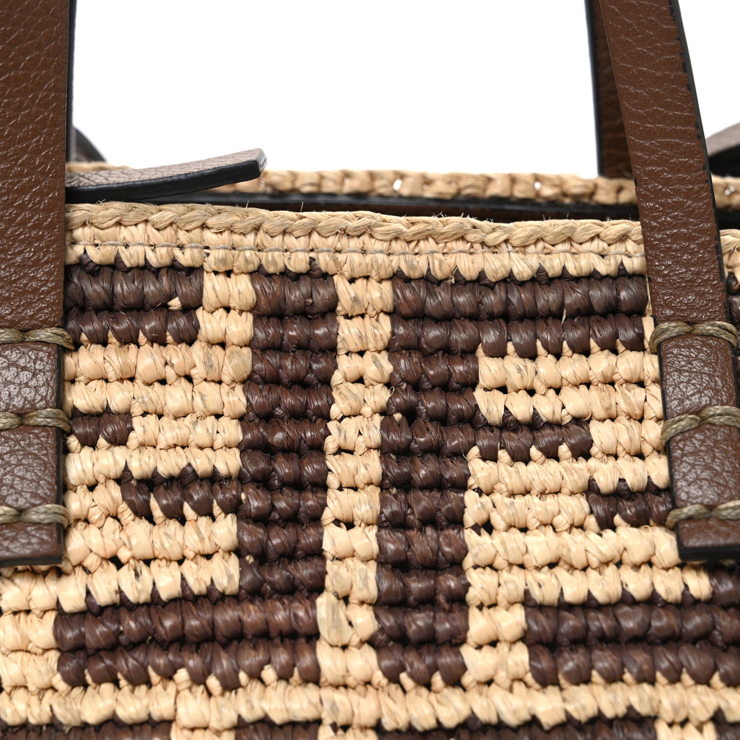 Raffia Cuoio Romano FF Crochet Mini Roll Tote  Natural Gianduia