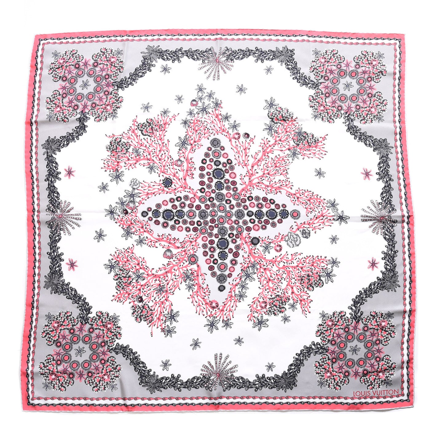 Silk Monogram Coral Square Scarf Pearl Grey