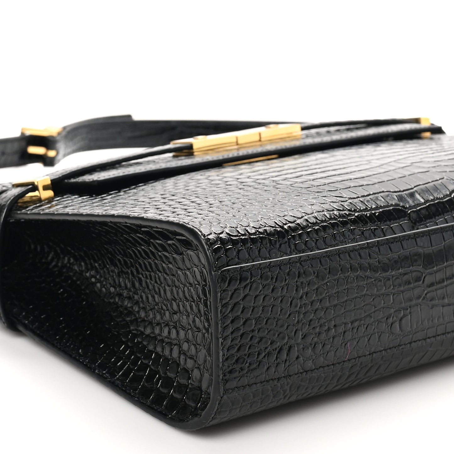 Shiny Calfskin Crocodile Embossed Manhattan Baguette Black