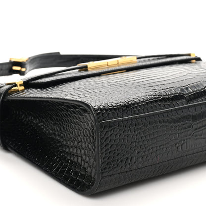 Saint Laurent Shiny Calfskin Crocodile Embossed Manhattan Baguette Black 9 of 10