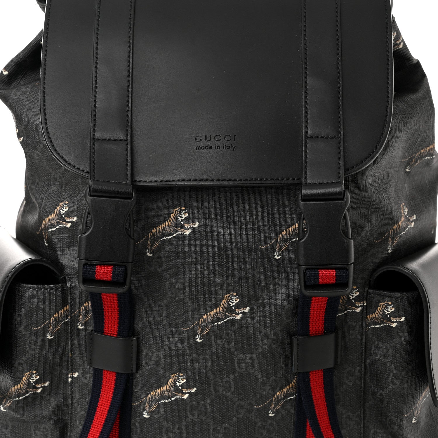 Gucci Soft GG Supreme Monogram Appia Calfskin Web Double Buckle Backpack Black 8 of 10