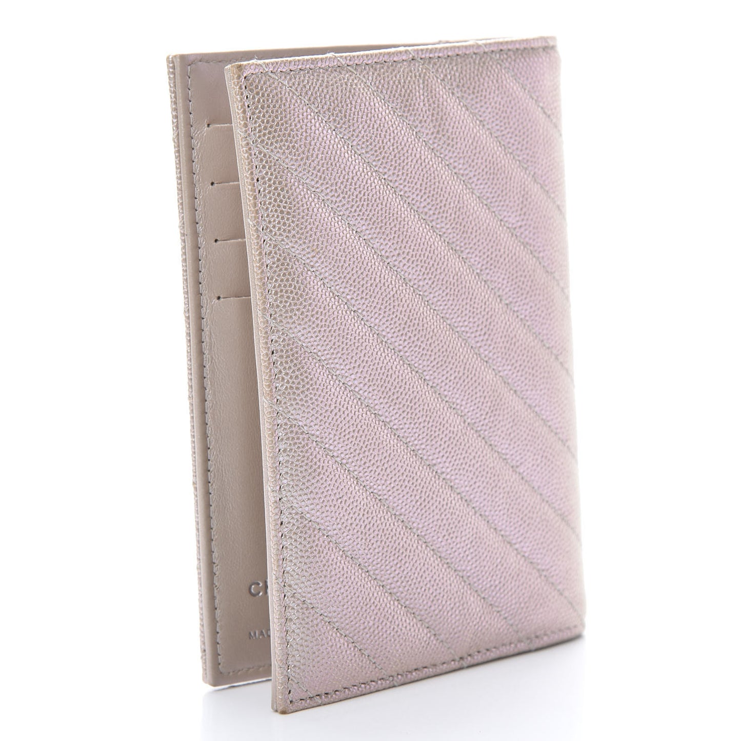 Metallic Caviar Chevron Quilted Passport Holder Light Gold